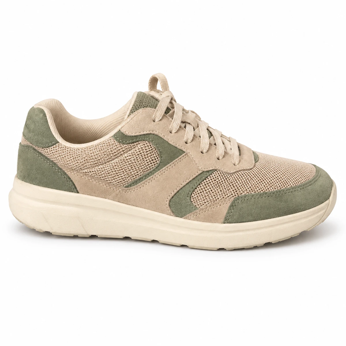 AI-generated catalogue version of the same beige and sage sneaker on a clean white background
