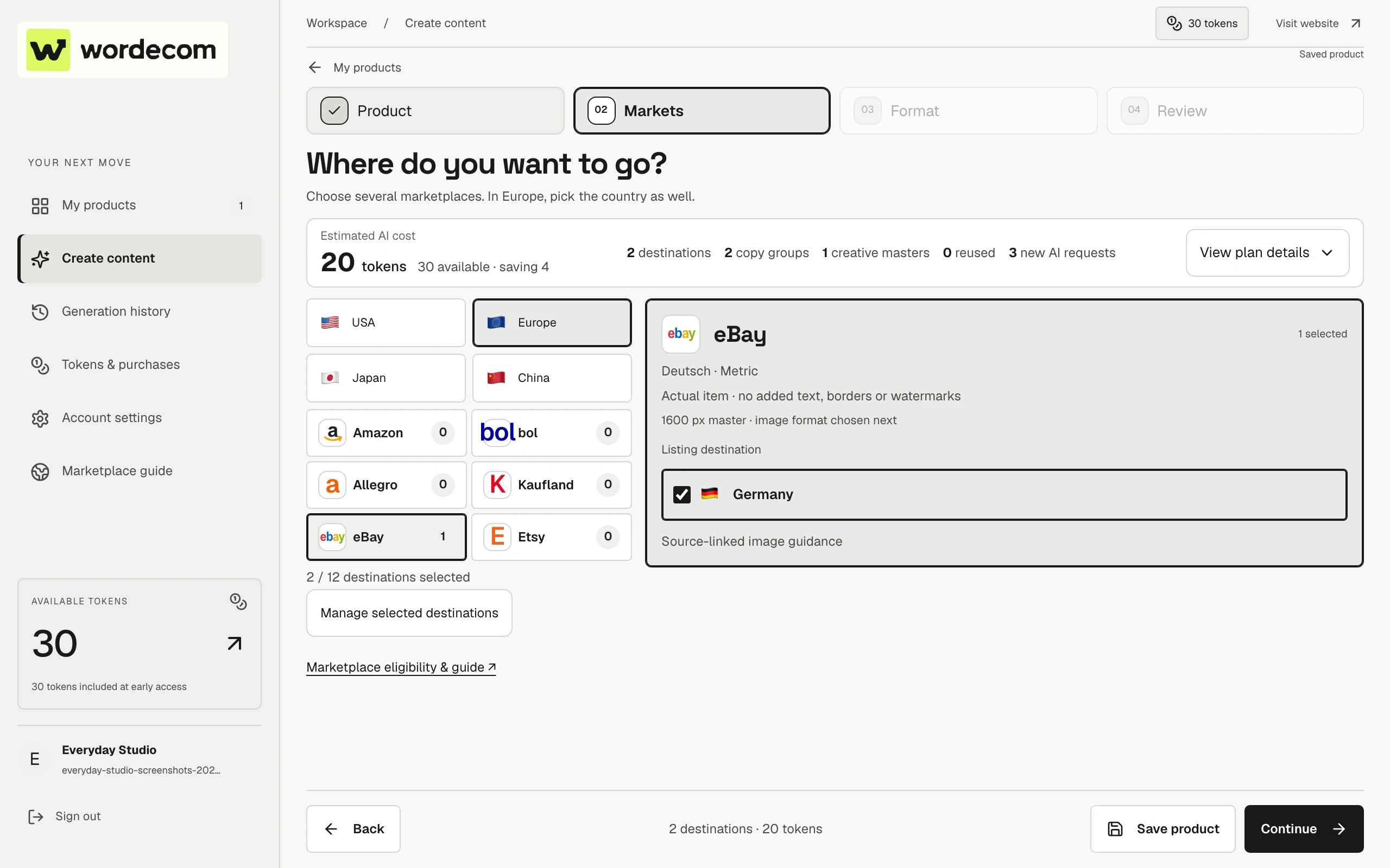 Wordecom market selector showing country-specific marketplaces and image requirements