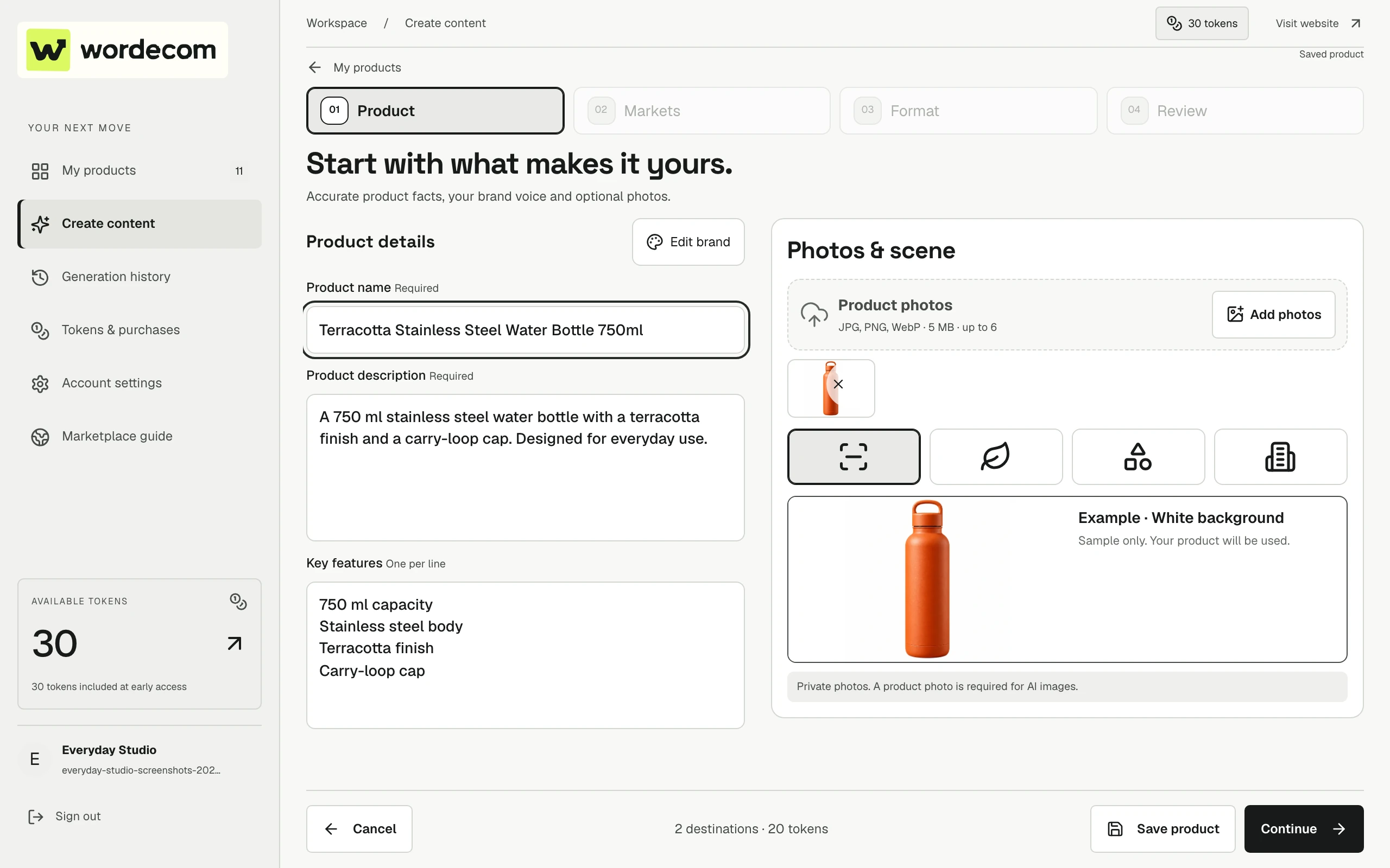 Wordecom product editor with product facts, brand colors, voice and uploaded reference photos