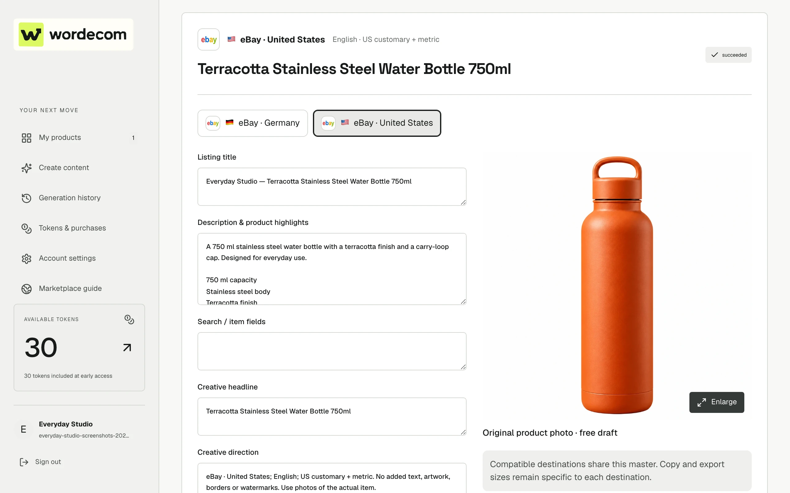 Wordecom product gallery with saved creatives organized by country and marketplace